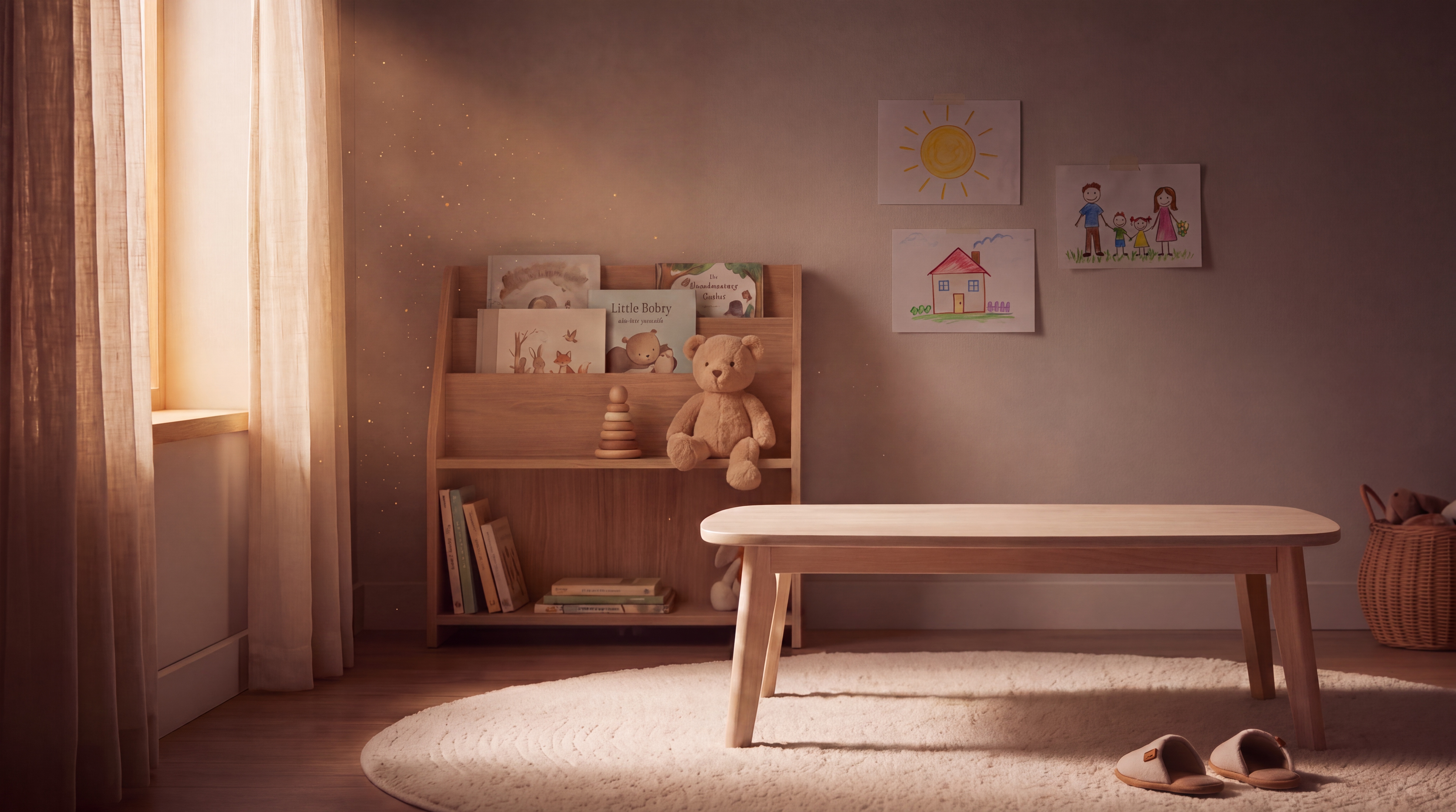 A warm child's playroom — pale-wood bookshelf with books and a teddy, crayon drawings on the wall, bare table in a golden window shaft with soft dust motes