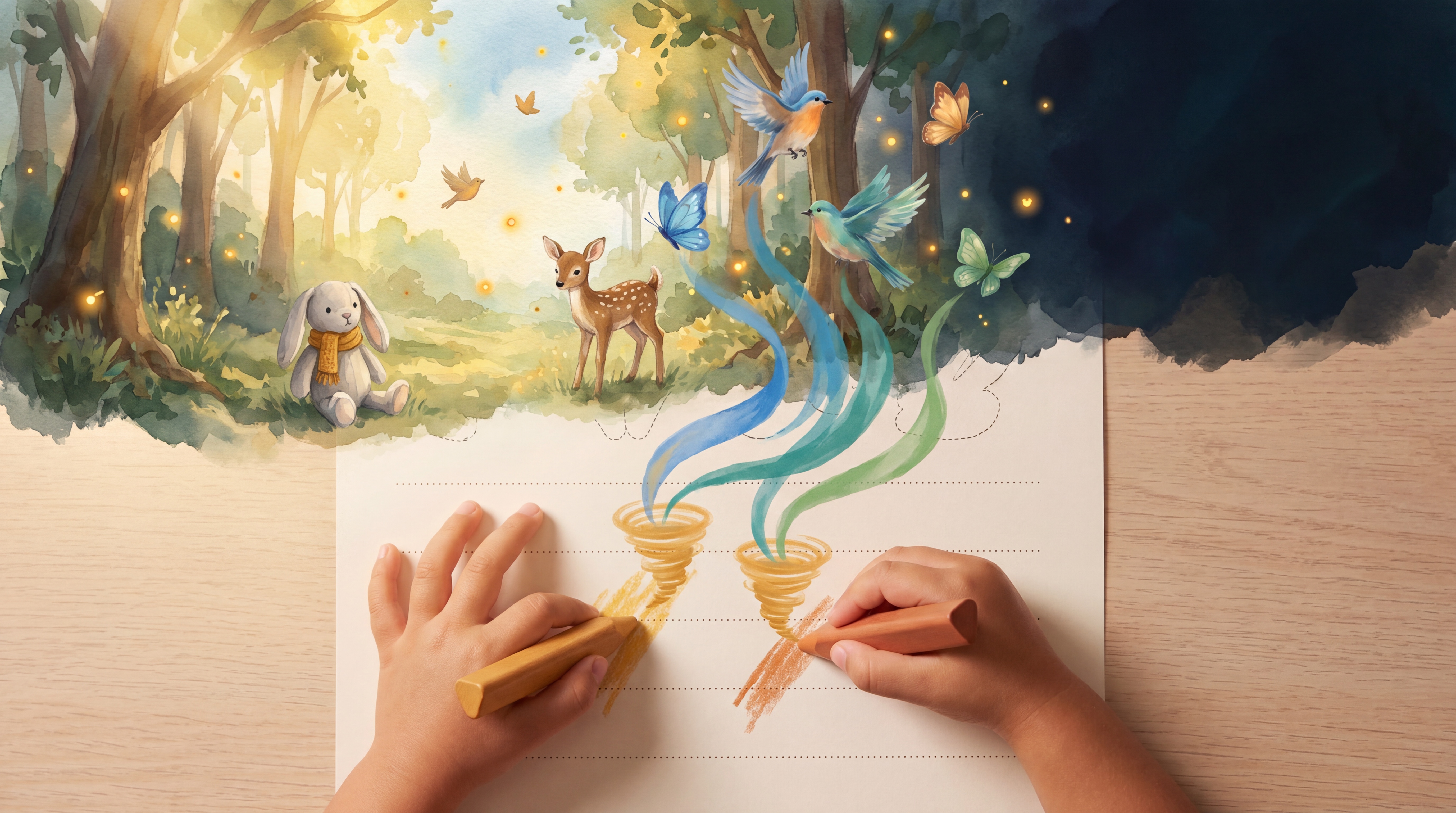 Child colouring as a watercolour world blooms up from the crayons — a rabbit, fawn, birds and butterflies rising from the page