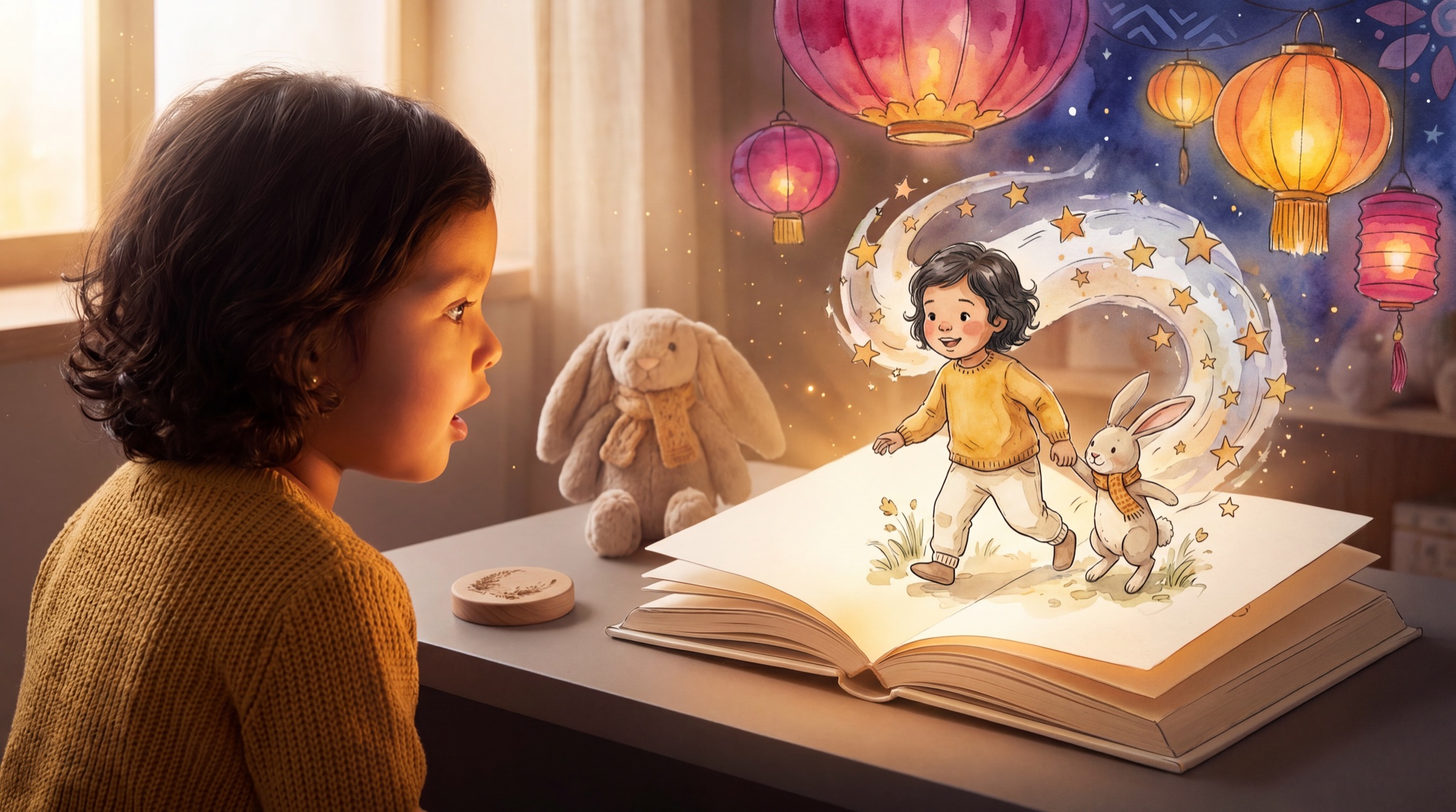 Child gazing at their personalised storybook open on the table, an illustrated character that looks just like them inside