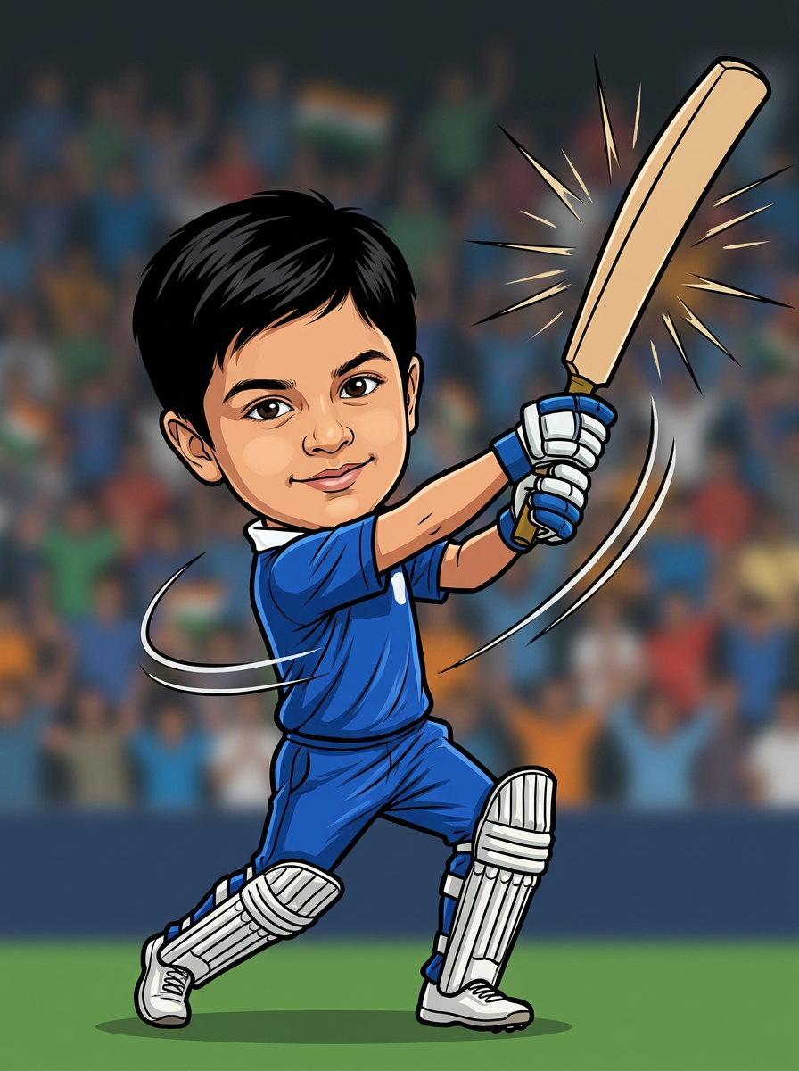 Aryan illustrated as a Cricket Champion mid cover-drive