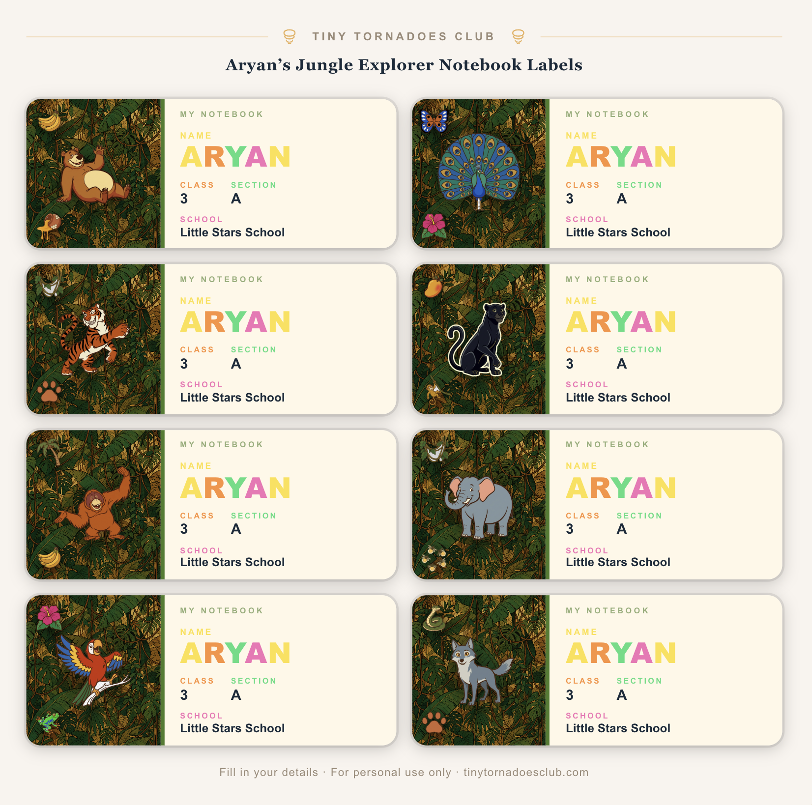 Jungle-themed notebook labels showing name, class, section and school fields