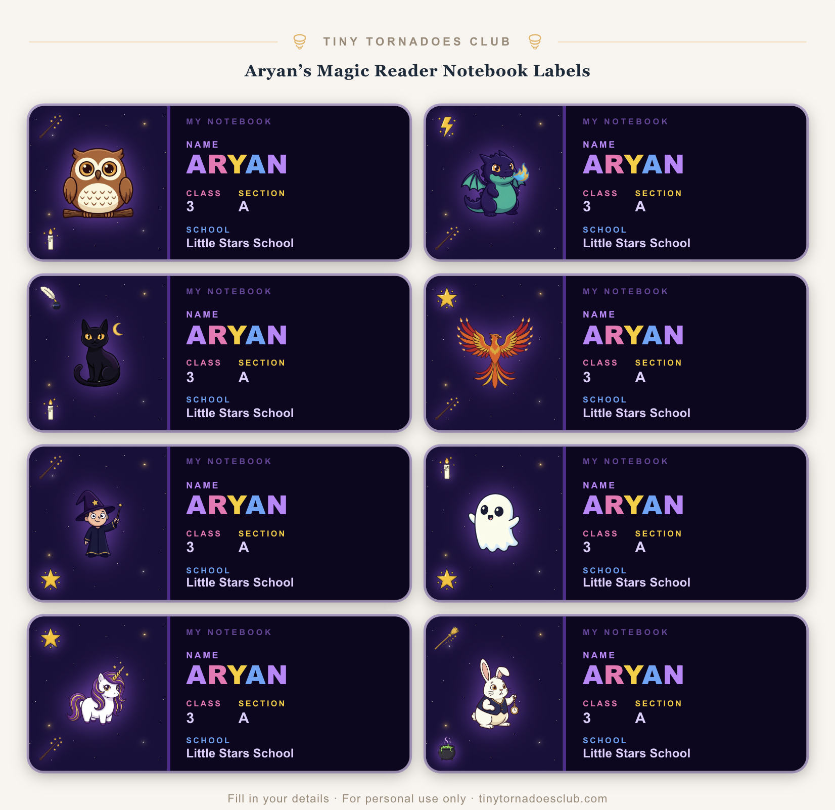 Magic-themed notebook labels showing name, class, section and school fields