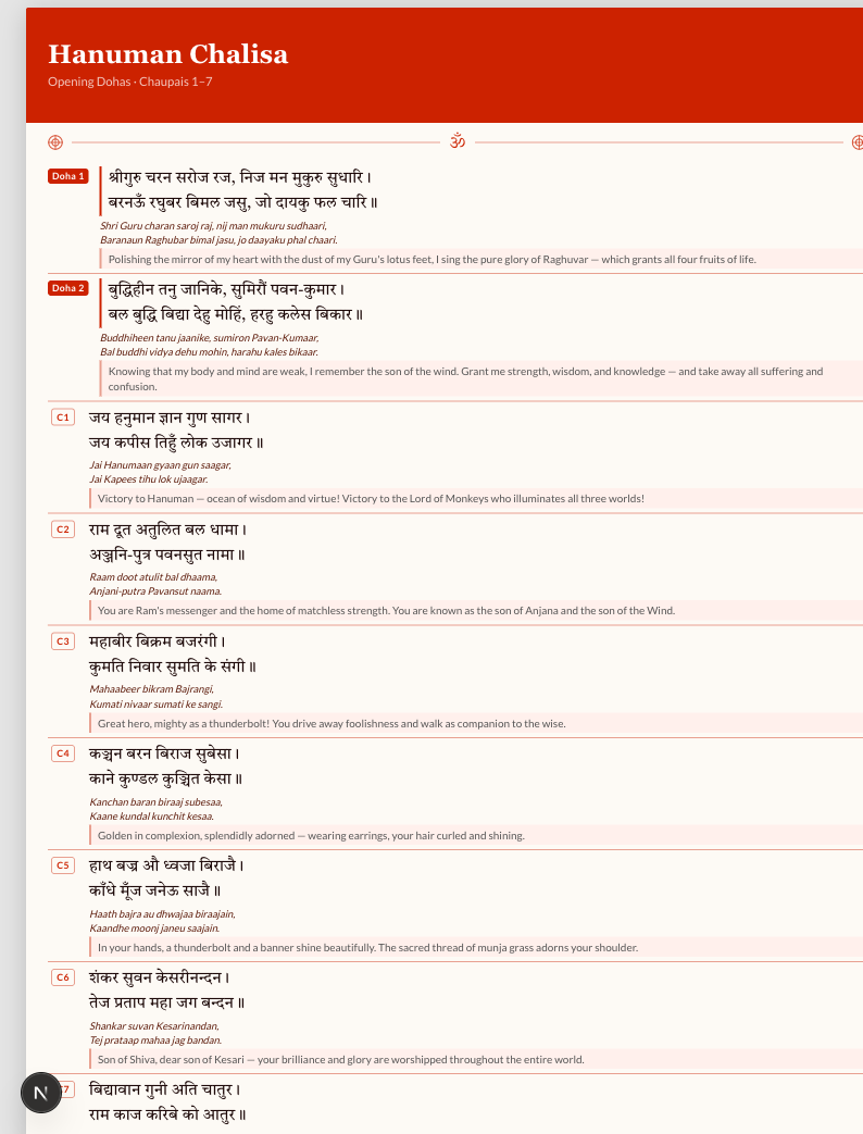 Hanuman Chalisa verse spread — Devanagari, transliteration, and English meaning for each chaupai