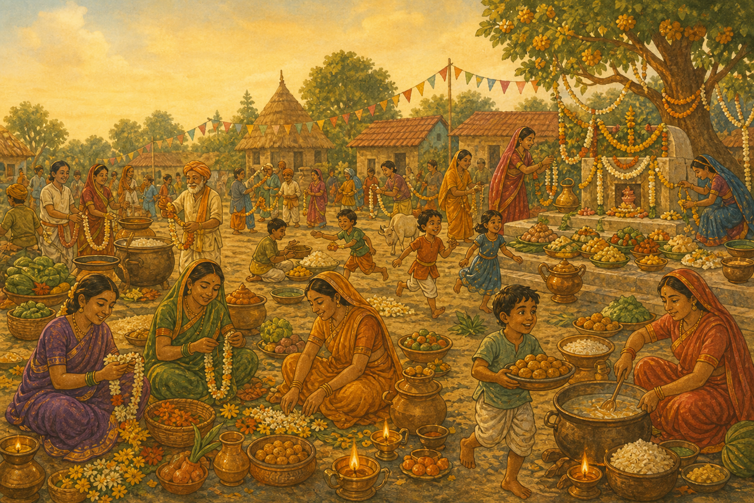 Govardhan Hill story comic — panel 1, the Govardhan puja preparation