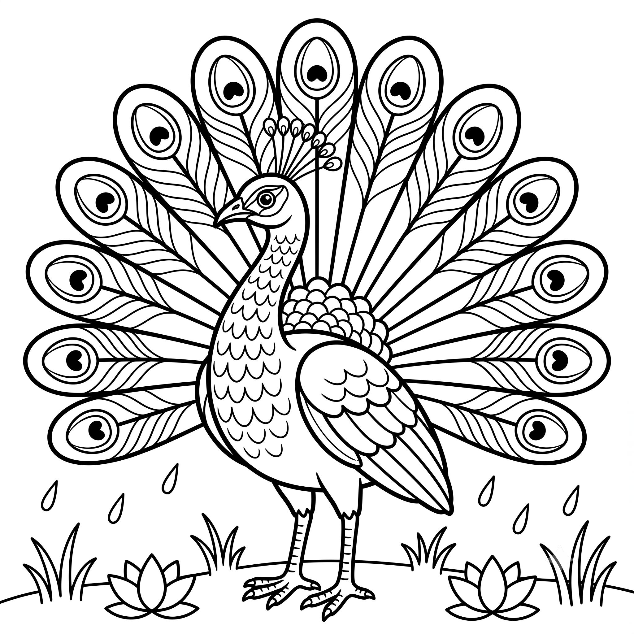 Dancing peacock colouring page from the Monsoon Magic Activity Pack