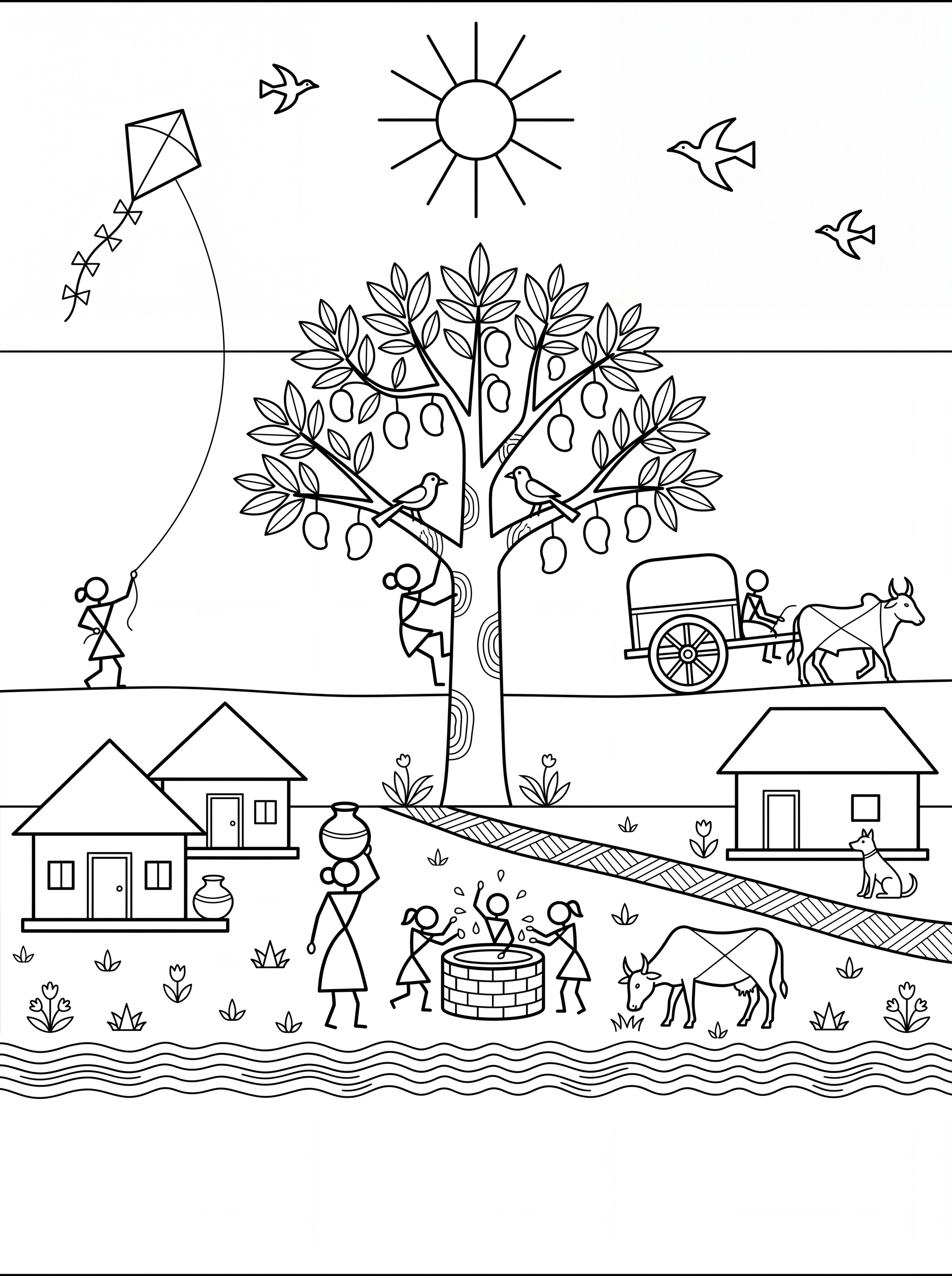 Warli Summer Village — full-page tribal art coloring page from the Summer Magic Activity Pack